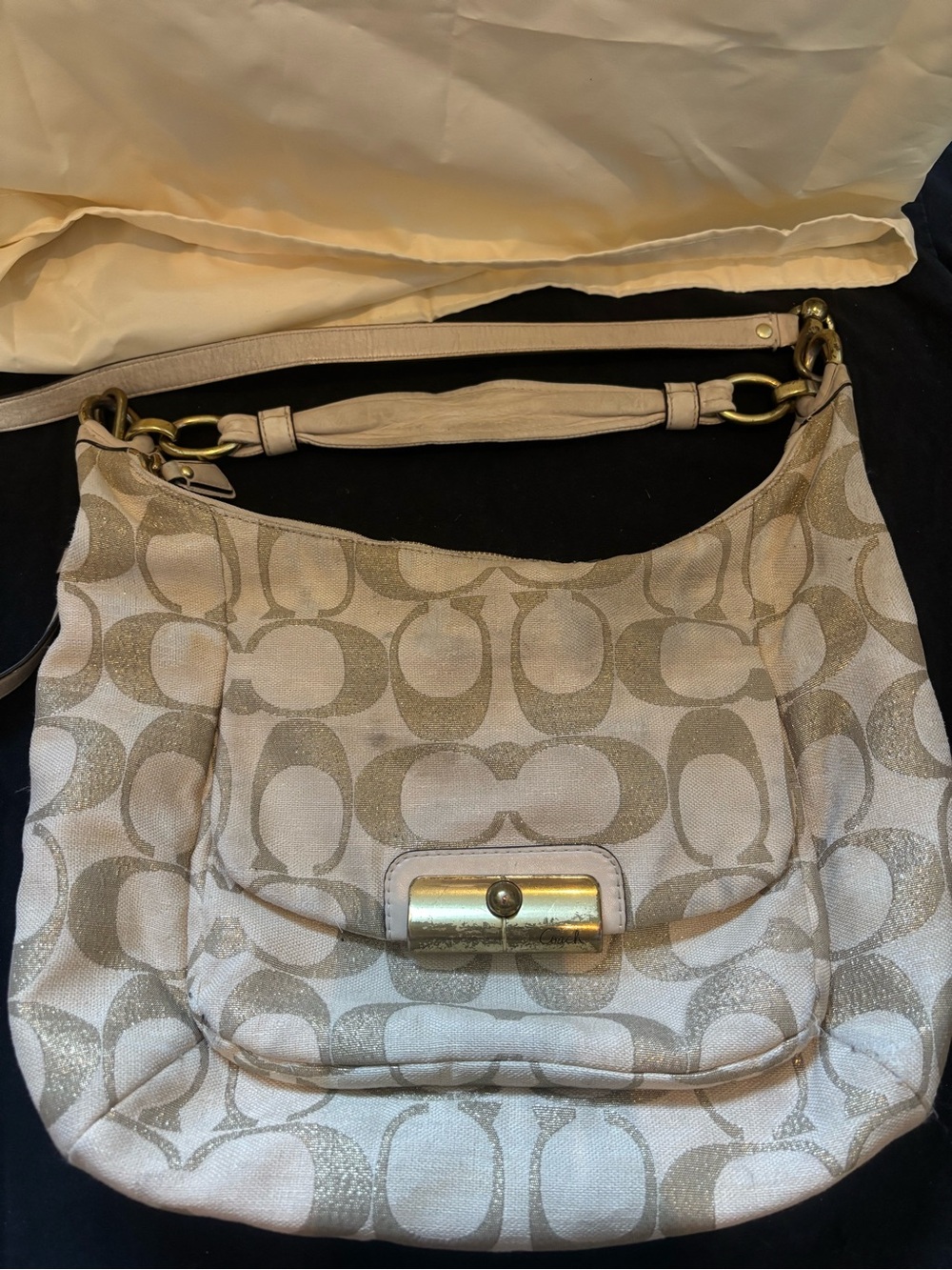 Coach Canvas Hobo Bag in Beige and Gold